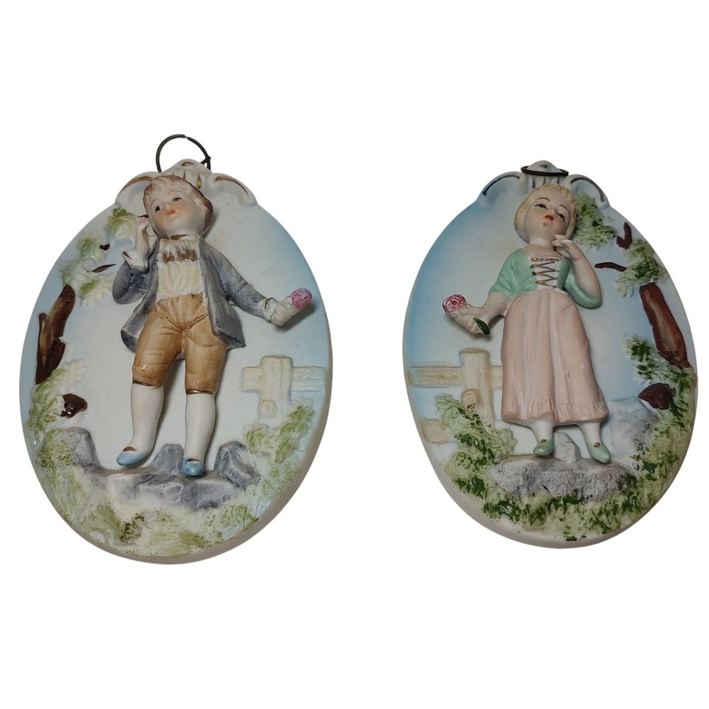 Vintage Ardco‎ Boy Girl Bisque Plaques Raised Oval Shaped Victorian Style Japan